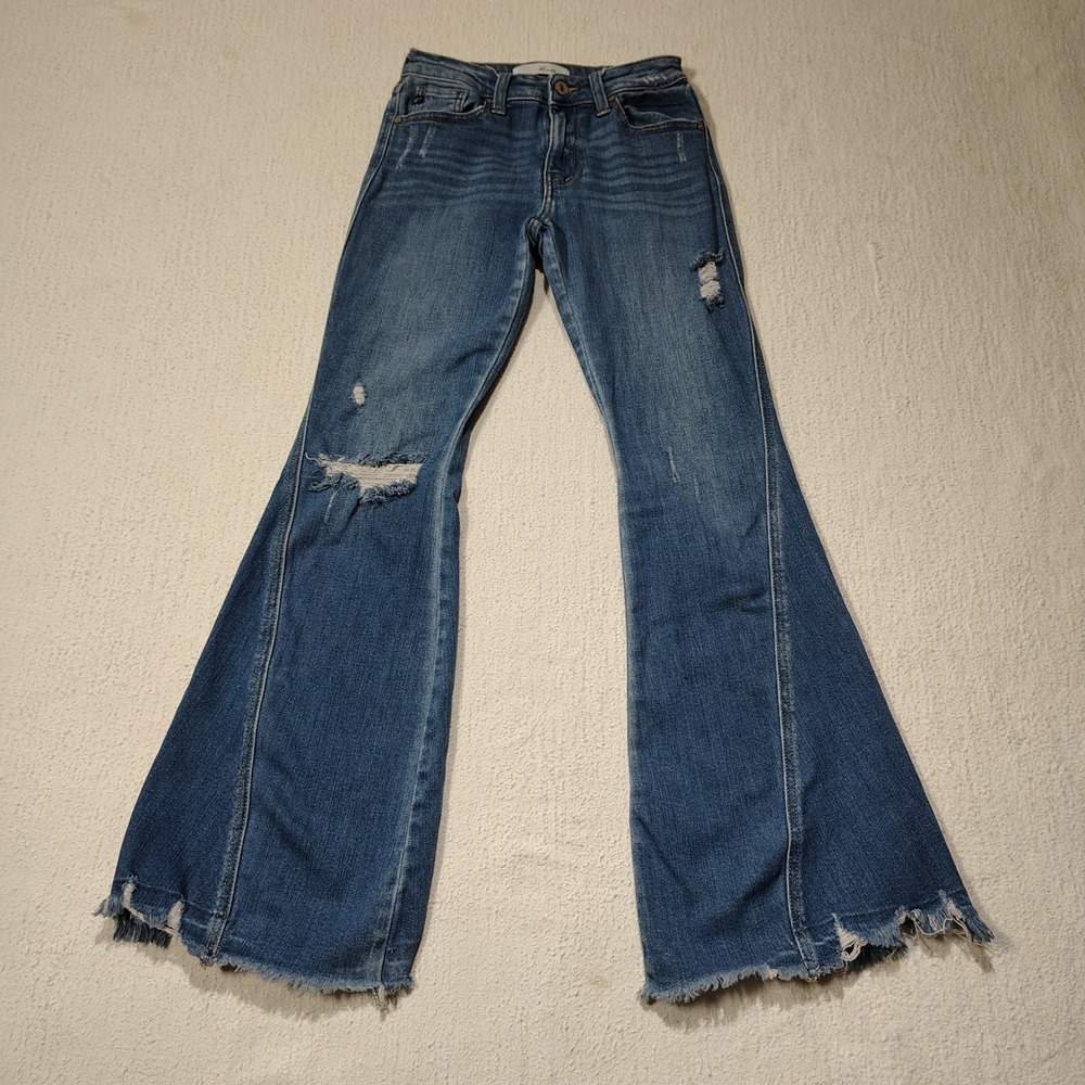 Kancan Jeans Womens 3/25 Flare Stretch Distressed Denim Raw Hem Wide Leg